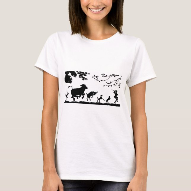 Funny Dancing Animals Cow Chicken Goat Silhouette T-Shirt (Front)