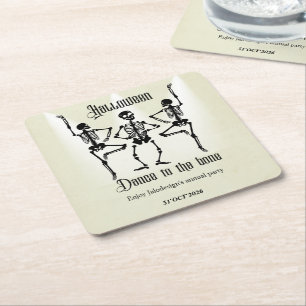 Funny Dancing Black Skeleton Halloween Party Square Paper Coaster