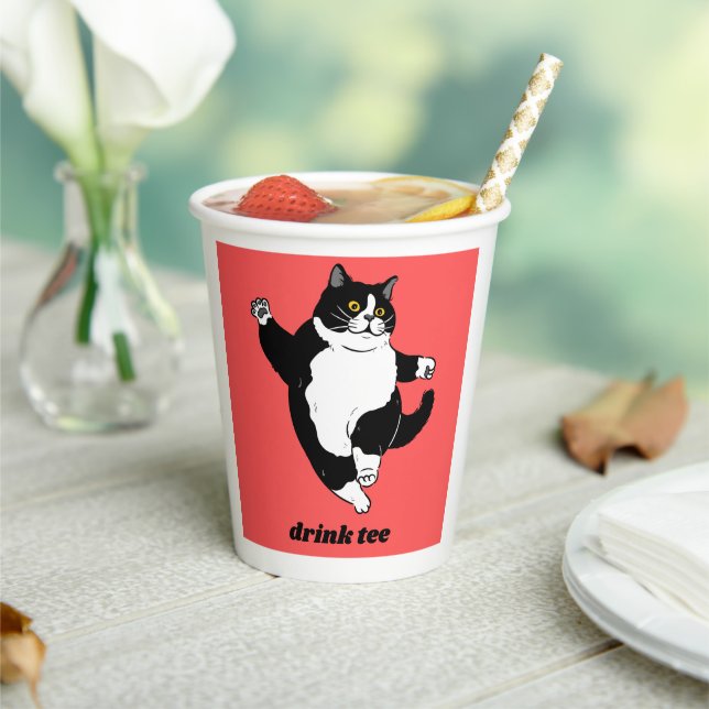 Funny Dancing Cat Paper Mug – Cute Black & White C Cups (Insitu)