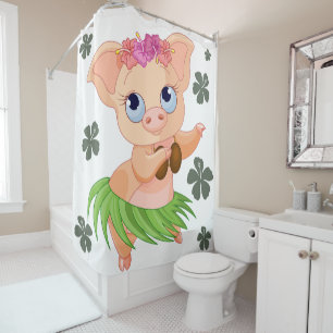 Funny dancing Hawaiian pig white background Shower Curtain