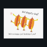 Funny dancing hot dogs celebrate love. postcard<br><div class="desc">Thoughts of summer cookouts past and future remind us of the joy of friendship and good times with loved ones. A cause to celebrate!</div>