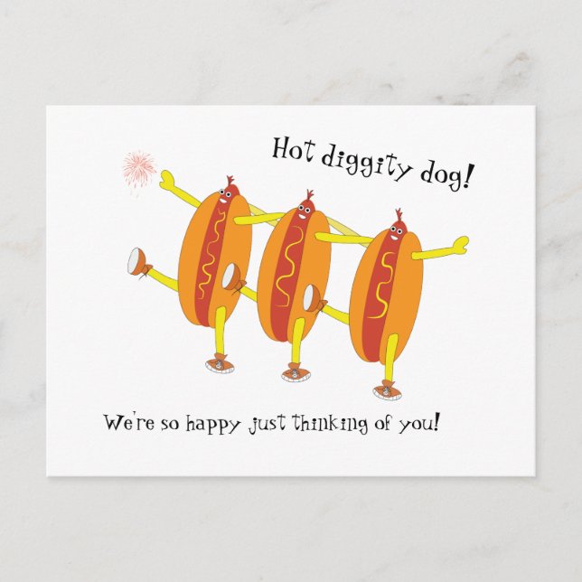 Funny dancing hot dogs celebrate love. postcard (Front)