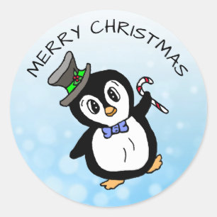 Funny Dancing Penguin with Candy Cane Christmas Classic Round Sticker