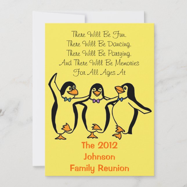 Funny Dancing Penguins Festive Family Reunion Invitation (Front)