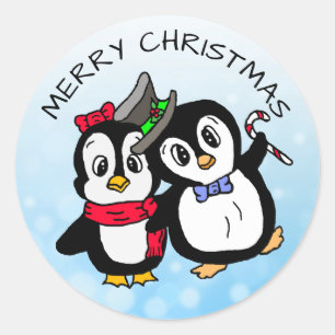 Funny Dancing Penguins with Candy Cane Christmas Classic Round Sticker