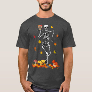 Funny Dancing Skeleton Mushroom Fall Leaves Hallow T-Shirt