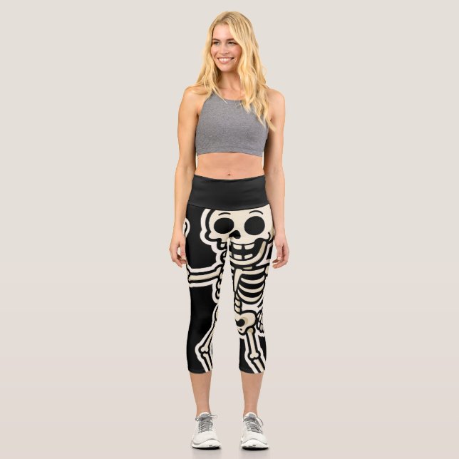 Funny Dancing Skeleton Sticker – Cute Halloween Capri Leggings (Front)