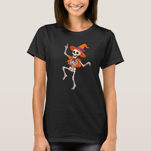 Funny Dancing Skeleton with Orange Witch Hat Hallo T-Shirt (Front)