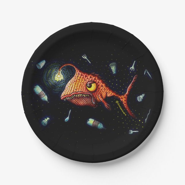 Funny Dark Anglerfish Against Plastic Pollution Paper Plate (Front)