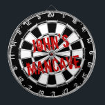 Funny dartboard for men with a grungy mancave<br><div class="desc">Funny dartboard for men with a grungy mancave. Distressed black and white dart board with personalised text. Cool manly gift idea for men with humour. Vintage style design.</div>
