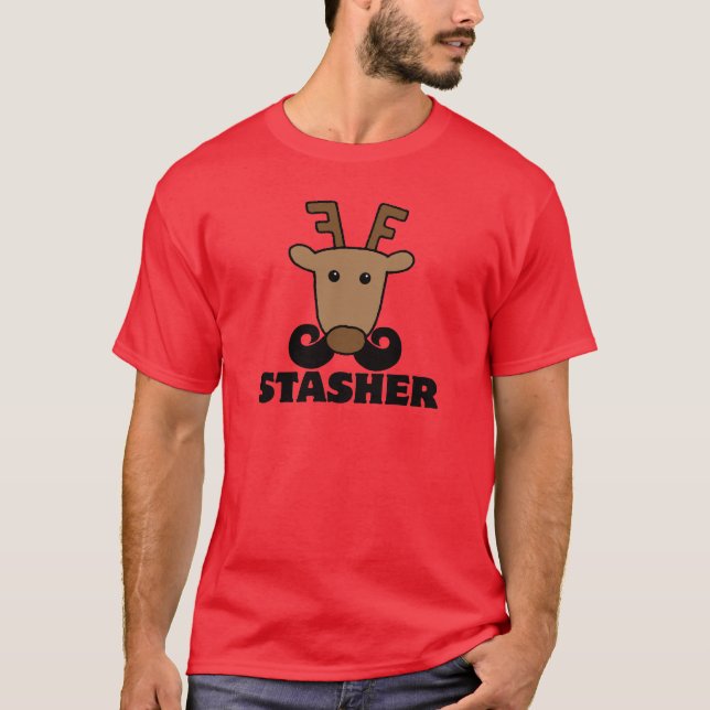 funny dasher stasher moustache reindeer T-Shirt (Front)