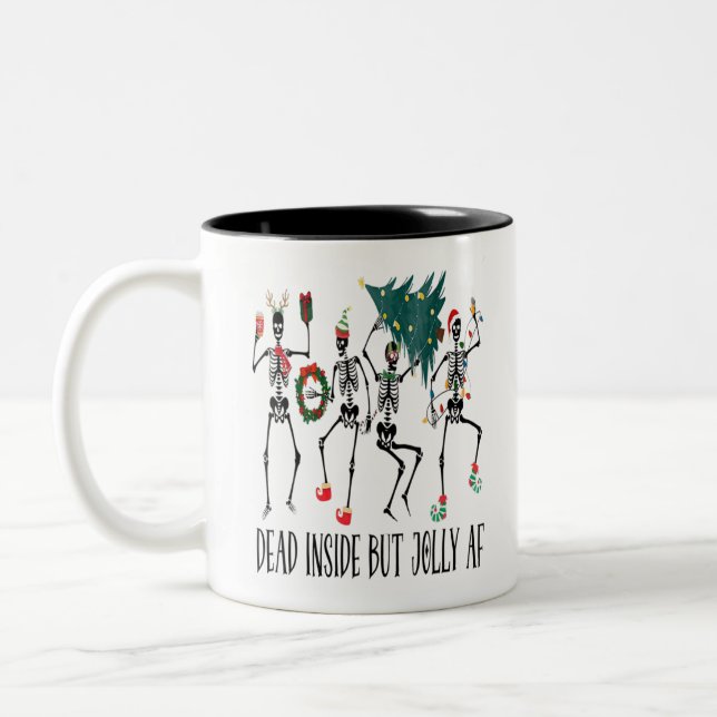 Funny Dead Inside But Jolly Dancing Skeleton Santa Two-Tone Coffee Mug (Left)