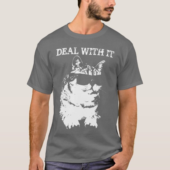 Funny Deal with it Cat wearing sunglasses t-shirt (Front)