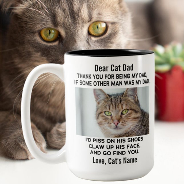 Funny Dear Cat Dad | Custom Cat's Photo & Name Two-Tone Coffee Mug (Creator Uploaded)