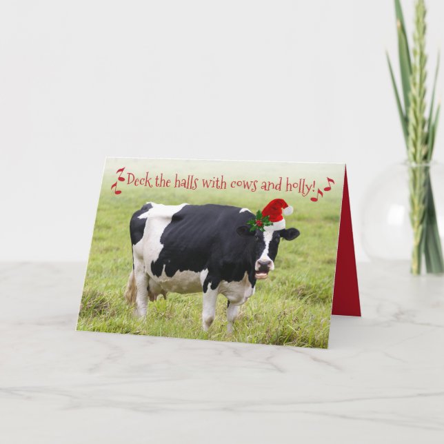 Funny Deck The Halls With Cows and Holly Card (Front)