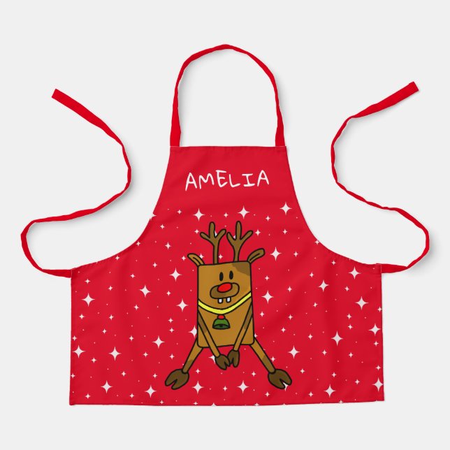 Funny Deer Red Stars Drawing Christmas Kids Apron (Front)