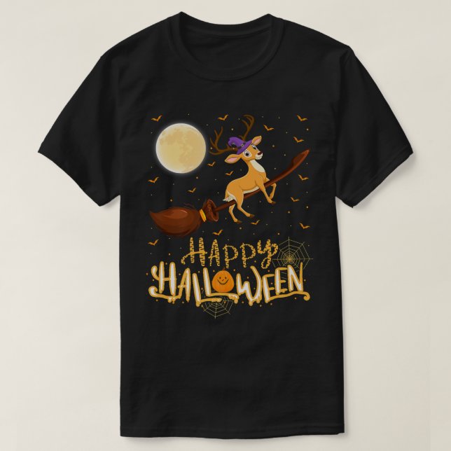 Funny Deer Ride Witch Shot Deer Halloween  T-Shirt (Design Front)