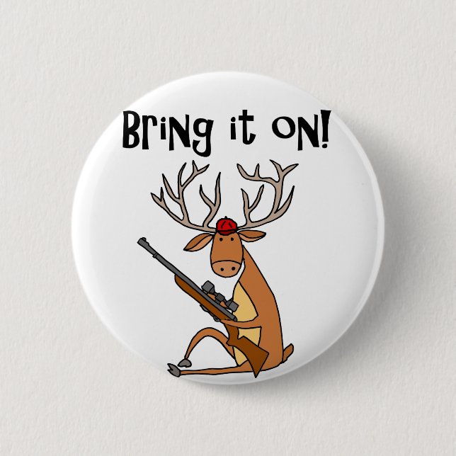 Funny Deer with Hunting Rifle and Cap 6 Cm Round Badge (Front)