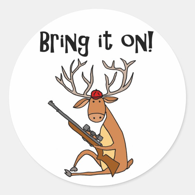 Funny Deer with Hunting Rifle and Cap Classic Round Sticker (Front)