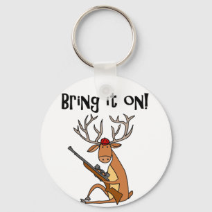 Funny Deer with Hunting Rifle and Cap Key Ring