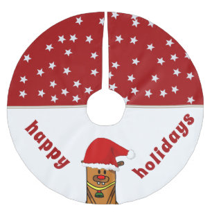 Funny Deer with Santa Hat Red Nose Star Pattern Brushed Polyester Tree Skirt