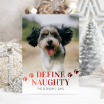 Funny Define Naughty Photo Christmas Holiday Card<br><div class="desc">Bring the joy of the holiday season alive with our funny, pet-themed Christmas cards! Perfectly capturing the cheeky spirit of your pets, these cards feature a humourous 'define naughty' phrase in a stunning red gradient typeface. Tailored with your pet's photo, adorable paw prints, your name, and the current year, these...</div>