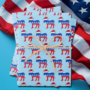 Funny Democrat Donkey in Santa Hat Blue Christmas Wrapping Paper Sheet