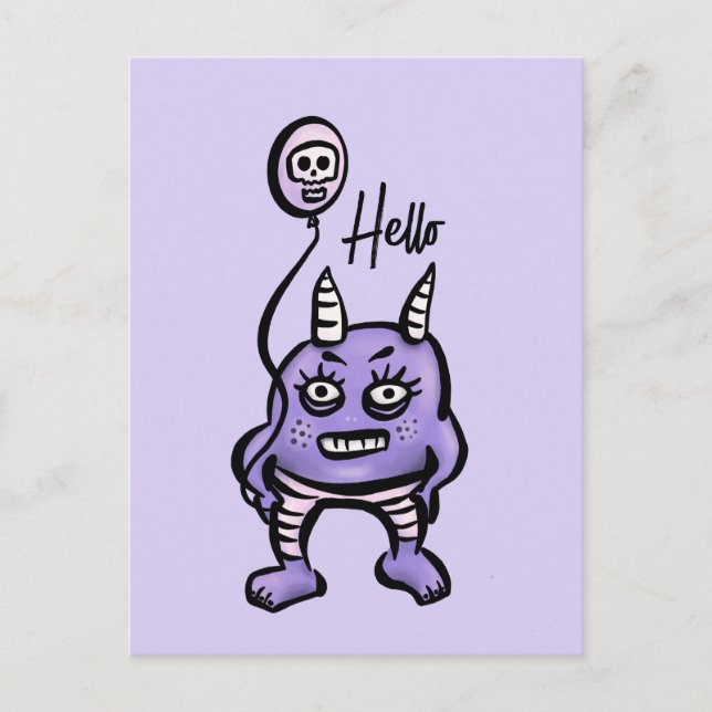Funny Demon Hello Purple Cute Whimsigoth Postcard (Front)