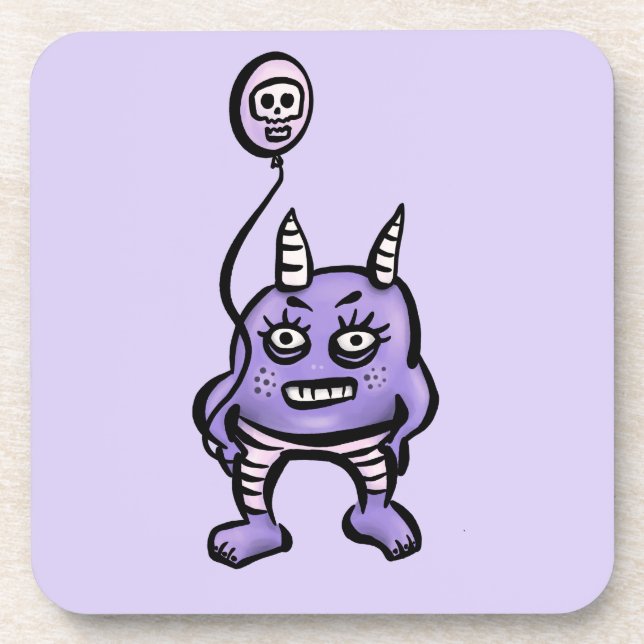 Funny Demon With Skull Balloon Gothic Cartoon Coaster (Front)