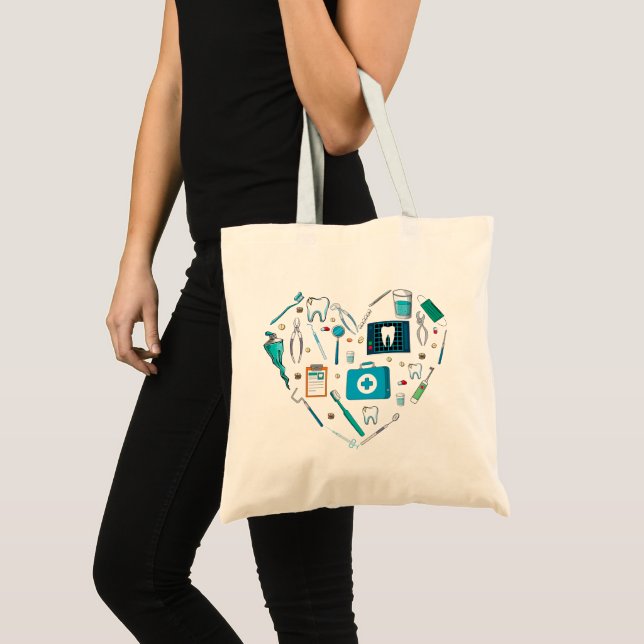 Funny Dental Dentist Tool Heart Tote Bag (Front (Product))