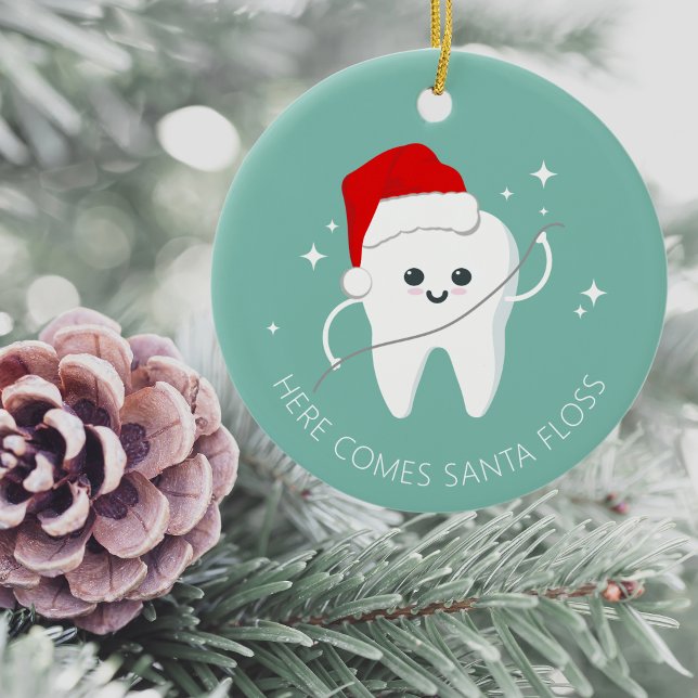 Funny Dentist Dental Clinic Christmas Holiday Ceramic Tree Decoration (Here comes Santa Floss )
