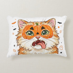 Funny Derpy Halloween Cat with Pumpkin Face Paint Decorative Cushion