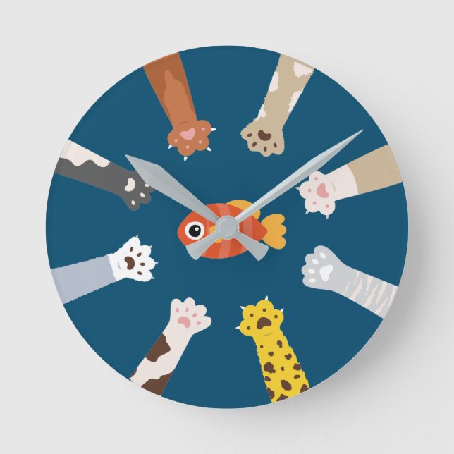 Funny Design Cats Game To Catch Fish Round Clock (Front)