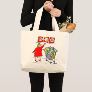 Funny Dieter at Supermarket Cartoon Grocery  Large Tote Bag