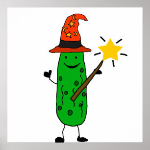 Funny Dill Pickle Wizard and Magic Wand Poster