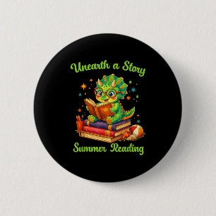 Funny dino book lover unearth a story summer 6 cm round badge