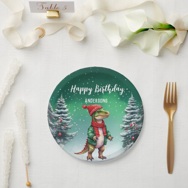 Funny Dino Christmas tree birthday boys snow party Paper Plate (Wedding)