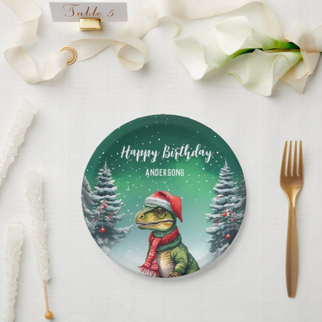 Funny Dino Christmas tree birthday boys snow party Paper Plate (Wedding)