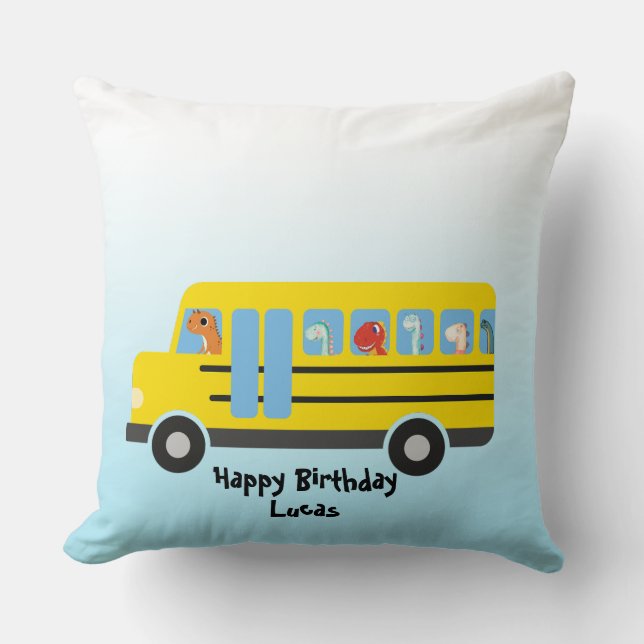 Funny DINO dinosaur School Bus boy Birthday Cushion (Front)