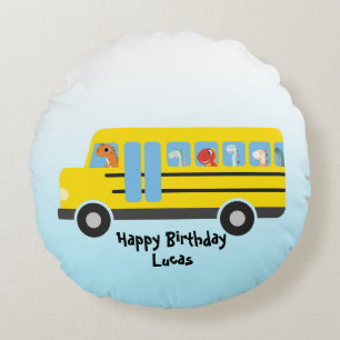 Funny DINO dinosaur School Bus boy Birthday Round Cushion