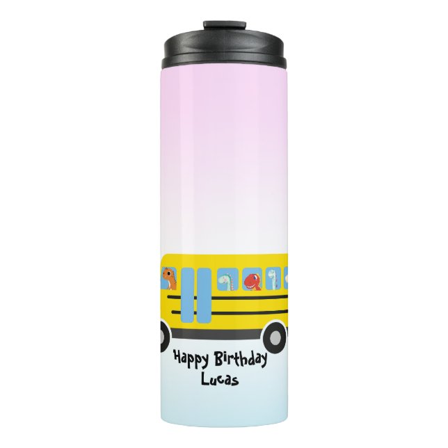 Funny DINO dinosaur School Bus boy Birthday Thermal Tumbler (Front)