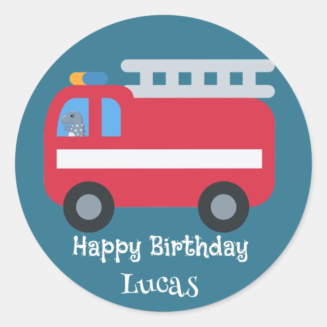 Funny Dino drive Fire engine Back To School HBD Pe Classic Round Sticker (Front)