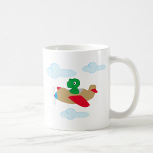 Funny dino flying by plane coffee mug