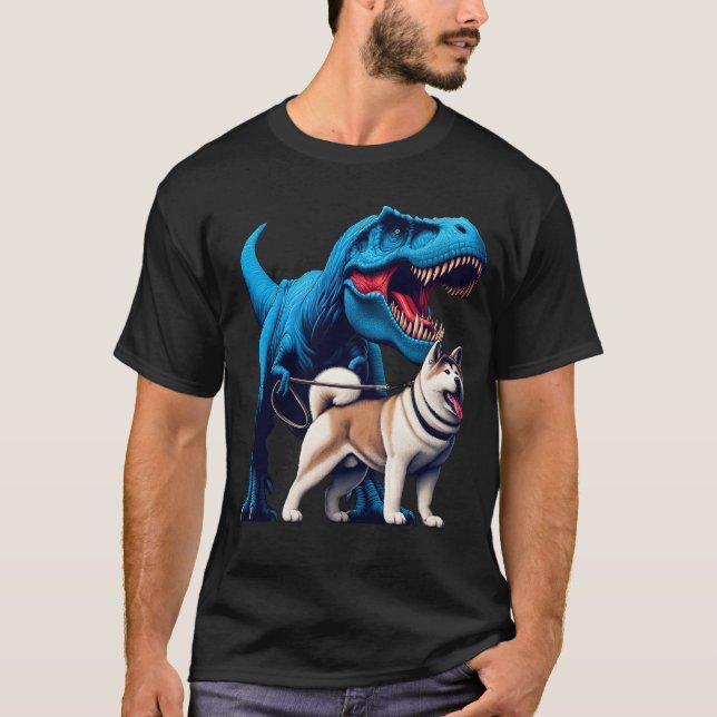 Funny Dinosaur Akita Walking Dog Lover T-Shirt (Front)