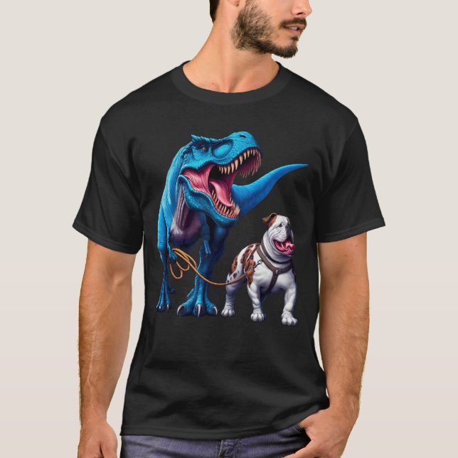 Funny Dinosaur American Bulldog Walking Dog Lover T-Shirt (Front)