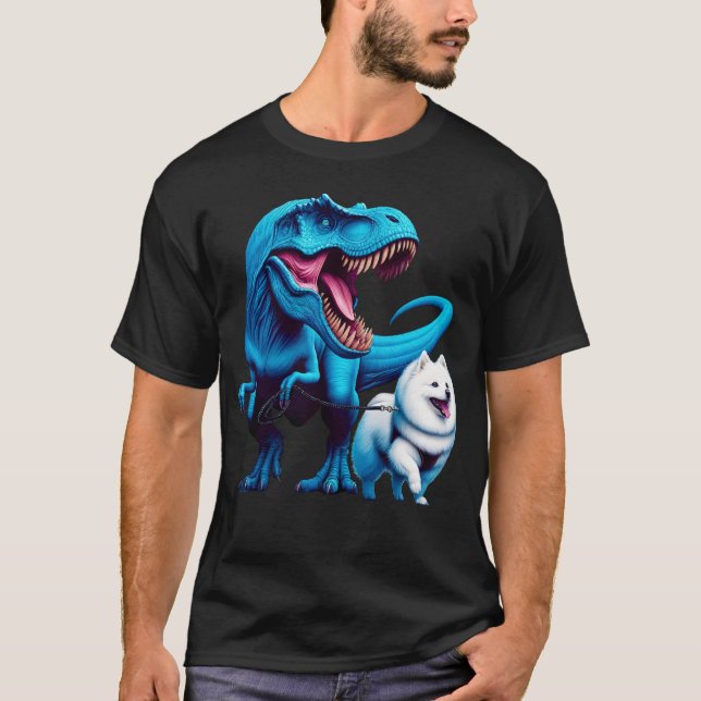 Funny Dinosaur American Eskimo Dog Walking Dog T-Shirt (Front)