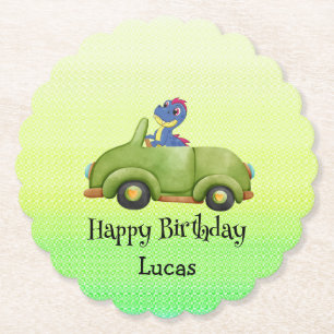 Funny dinosaur antique car birthday School boy Paper Coaster
