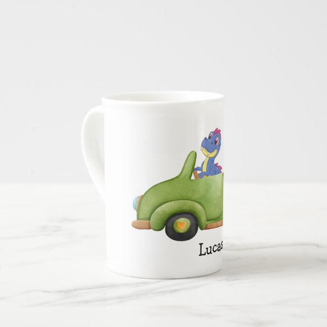Funny dinosaur antique car School kids Birthday  Bone China Mug (Front Left)