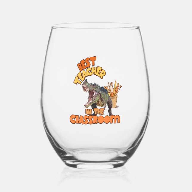 Funny Dinosaur Art Teacher Creative Classroom Stemless Wine Glass (Front)