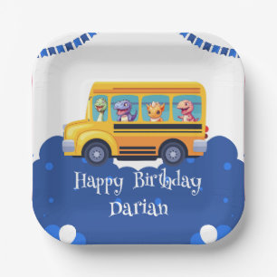 Funny dinosaur Back To School Bus Balloon Birthday Paper Plate